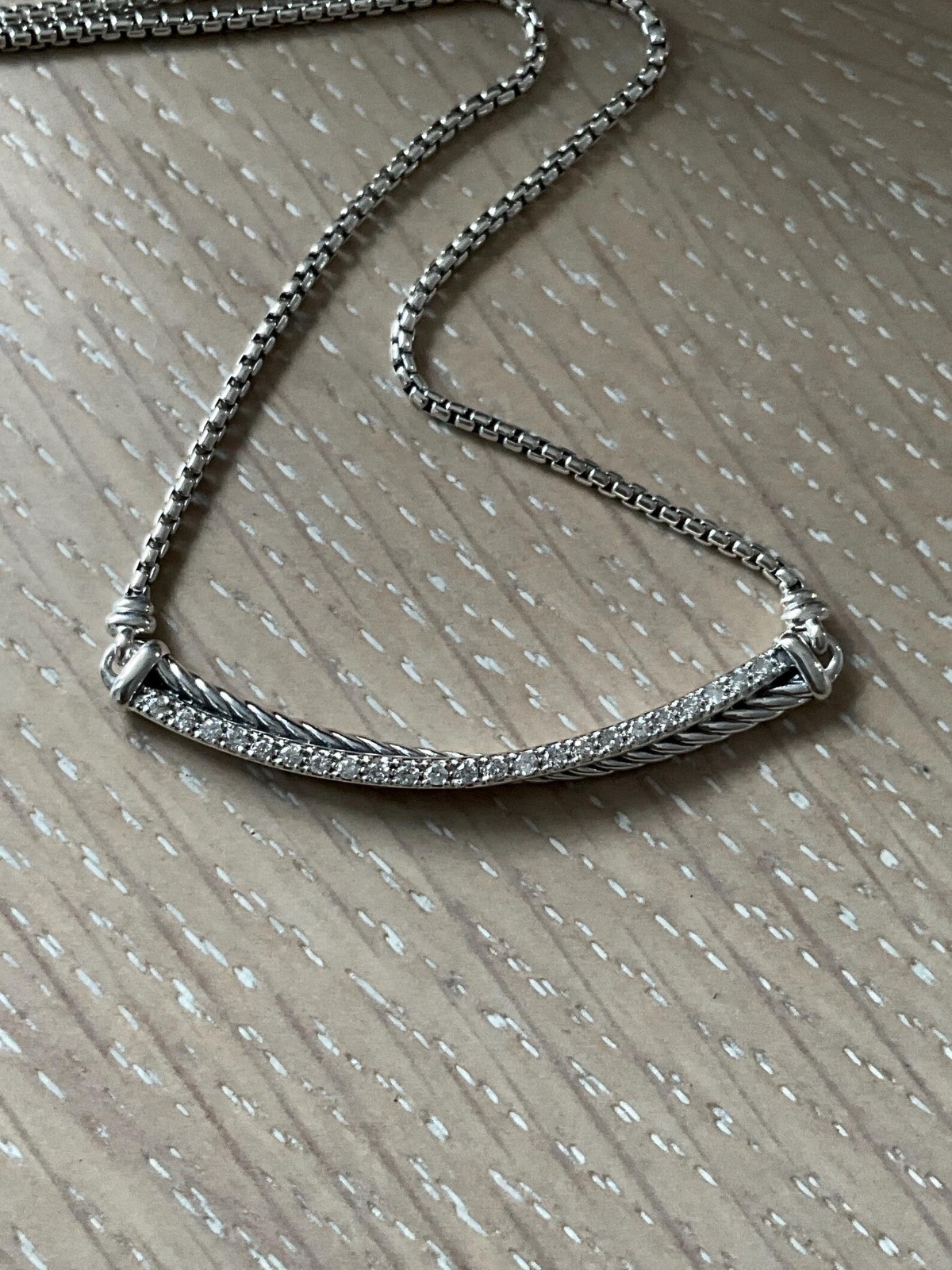 David Yurman Sterling Silver Crossover Bar Pendant Necklace with Diamonds 18″
