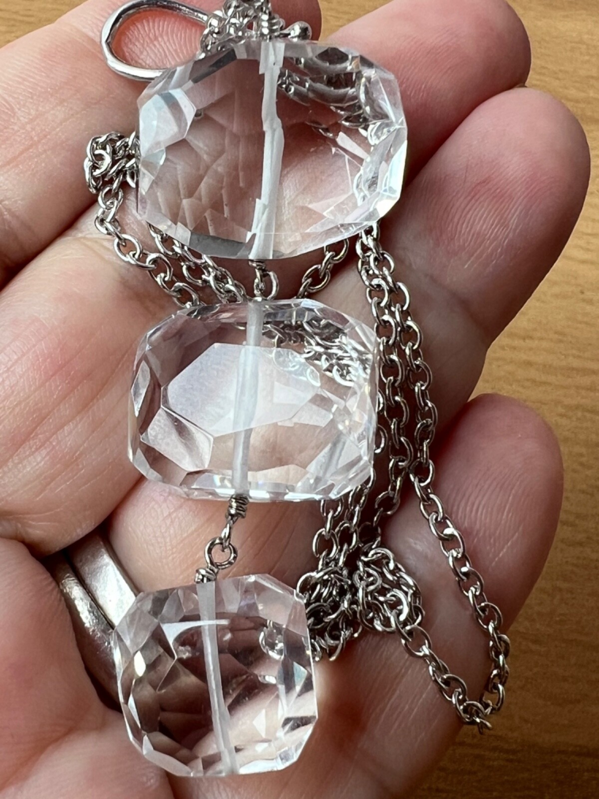 ARTISAN ROCK CRYSTAL CLEAR COLORLESS QUARTZ LONG NECKLACE 925 STERLING DESIGNER