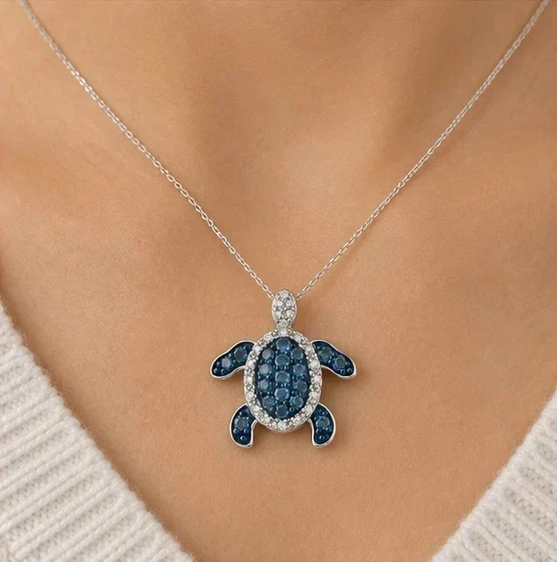 2.00Ct Round Cut Lab-Created Blue Diamond Turtle Pendant 14K White Gold Plated