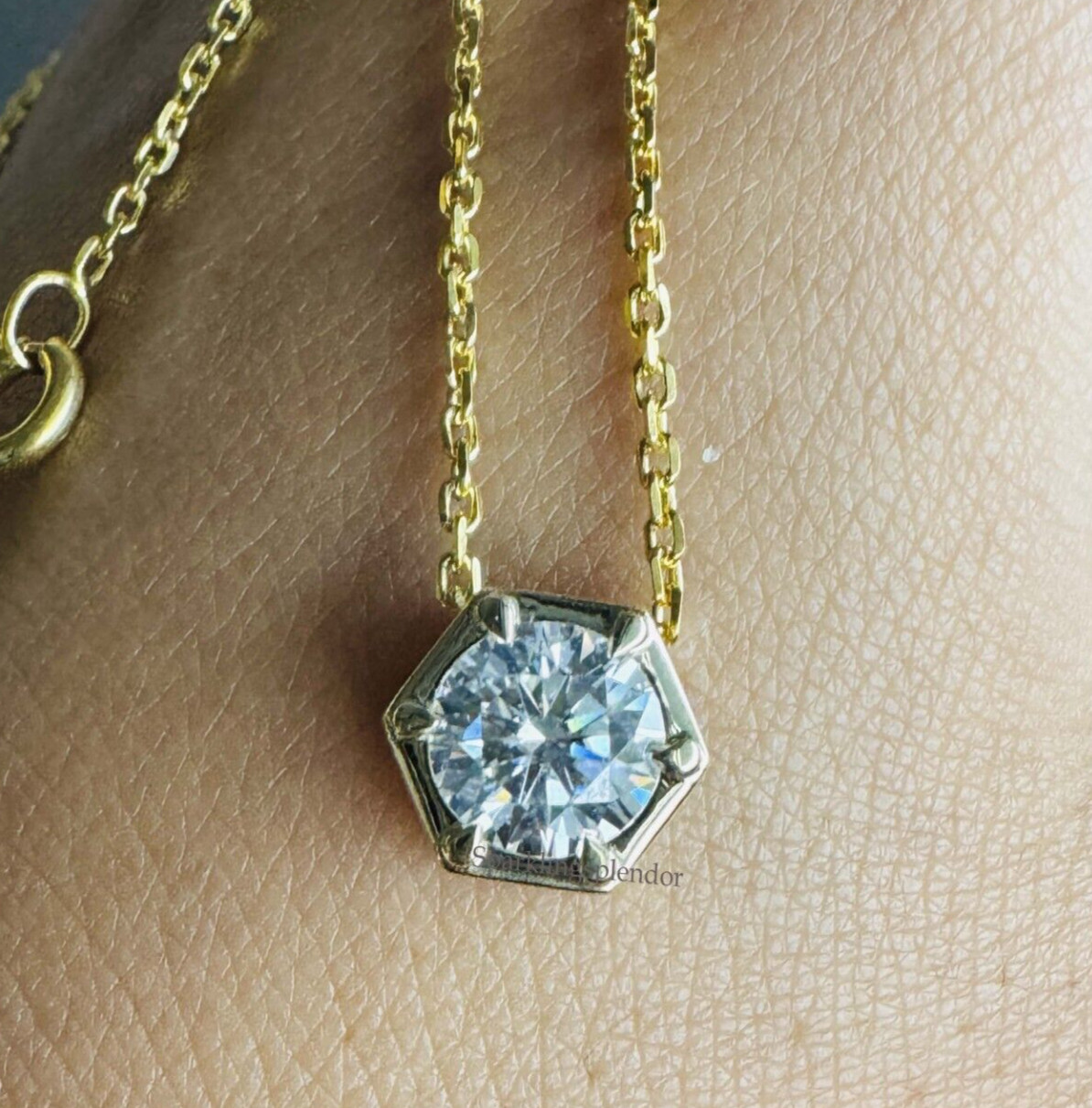 Hexagon Shape Bezel Set Moissanite Pendant Round Solitaire Moissanite Necklace