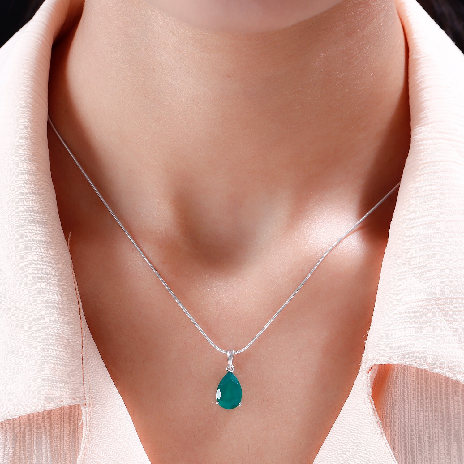Green Onyx Solitaire Pendant Necklace May Birthstone 925 Sterling Silver