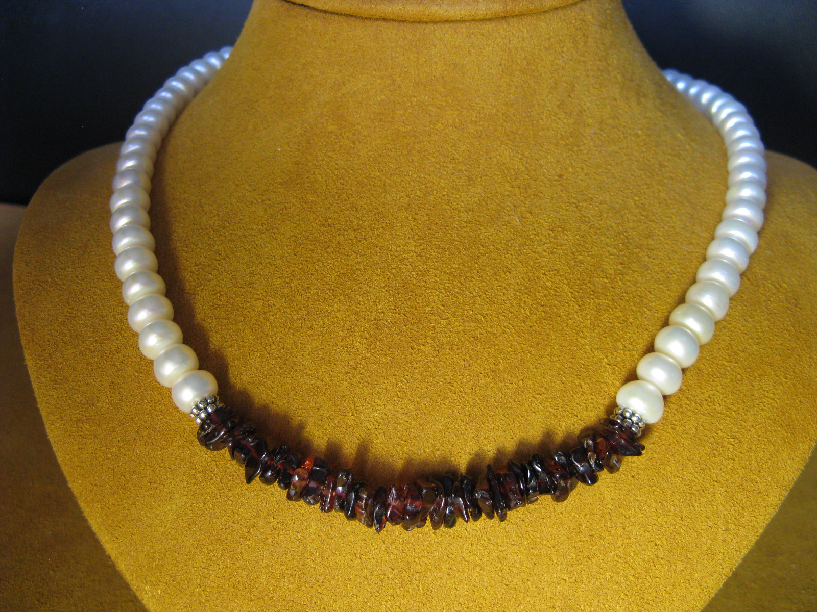 PEARL NECKLACE GARNET STRAND STRING WHITE SILVER LUSTER HONORA Gift Mother’s Day