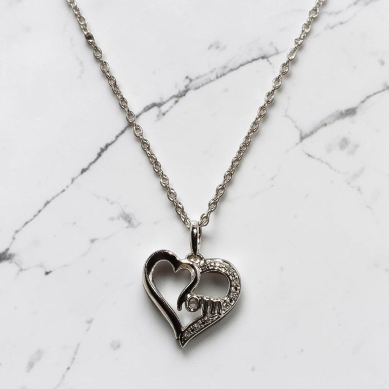 Sterling Silver Natural Diamond MOM Script Heart Drop Necklace 18in 0.05ctw NWT