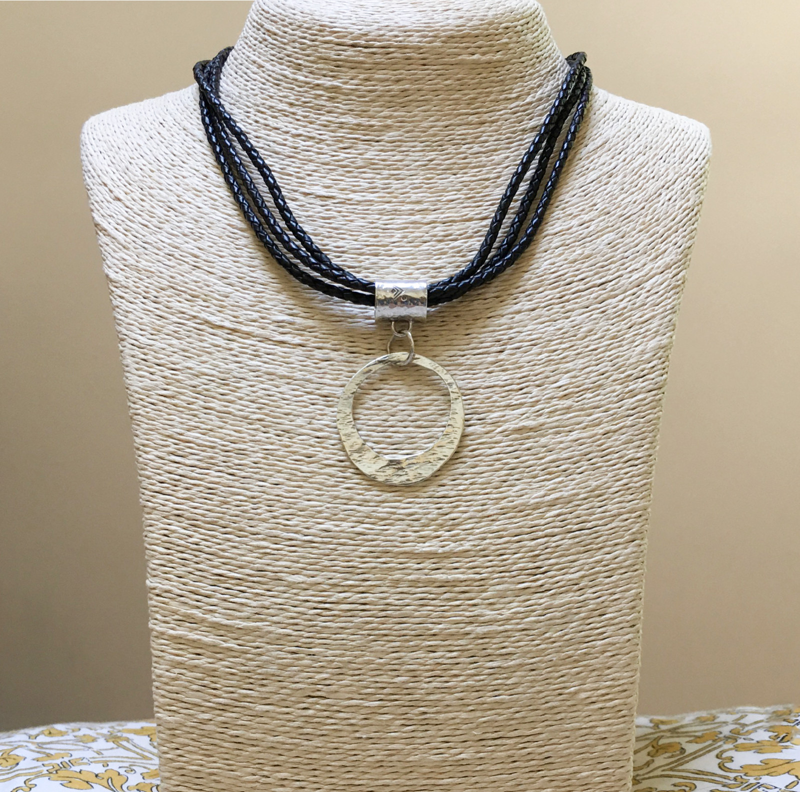 SILPADA Necklace Pendant Sterling Circle N1499 3-Strand Leather VERY GOOD COND