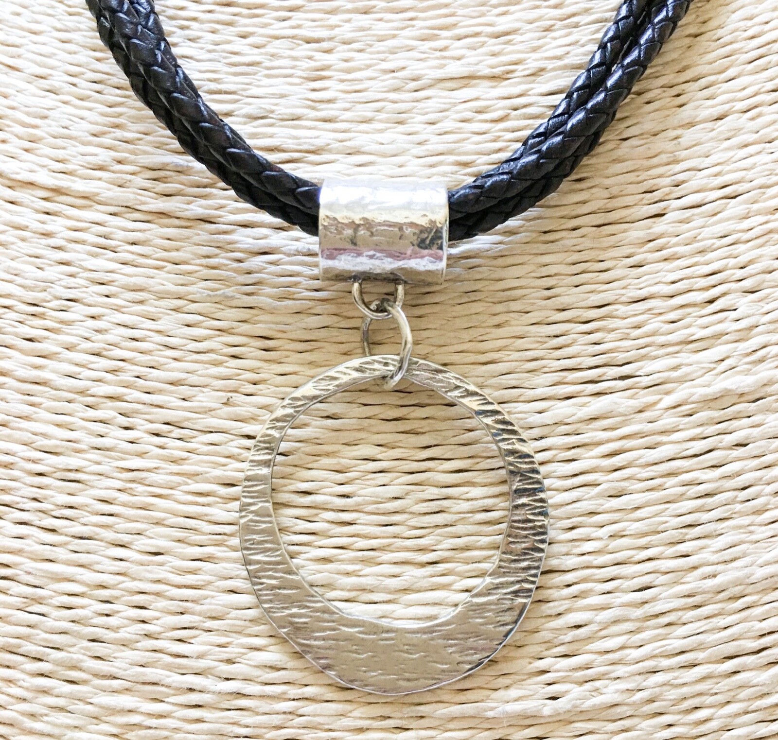 SILPADA Necklace Pendant Sterling Circle N1499 3-Strand Leather VERY GOOD COND