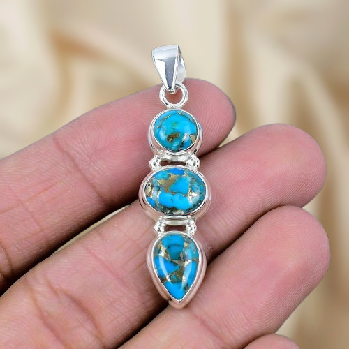 Copper Turquoise Gemstone Silver Pendant 925 Sterling Silver Jewelry Pendant
