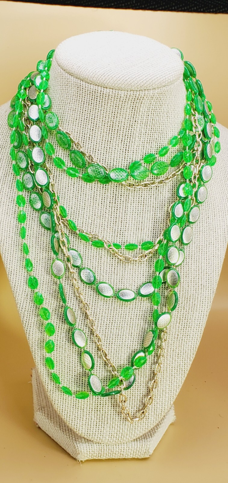 Vtg Neon Green Gold Tone 52″ Plastic Layered Beaded Necklace Hong Kong bl02