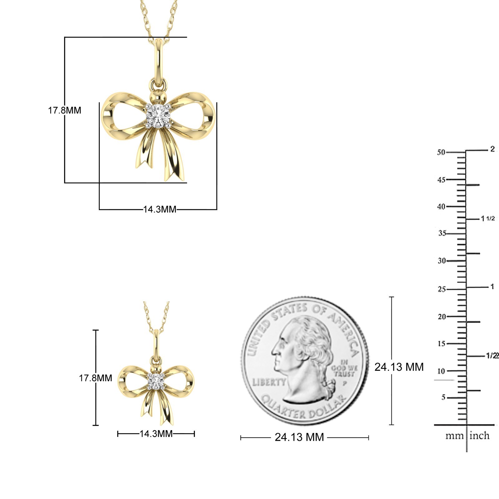 Bow Ribbon Pendant 1/10 Ctw Round Cut Lab Grown Diamond With Chain in 10K Gold