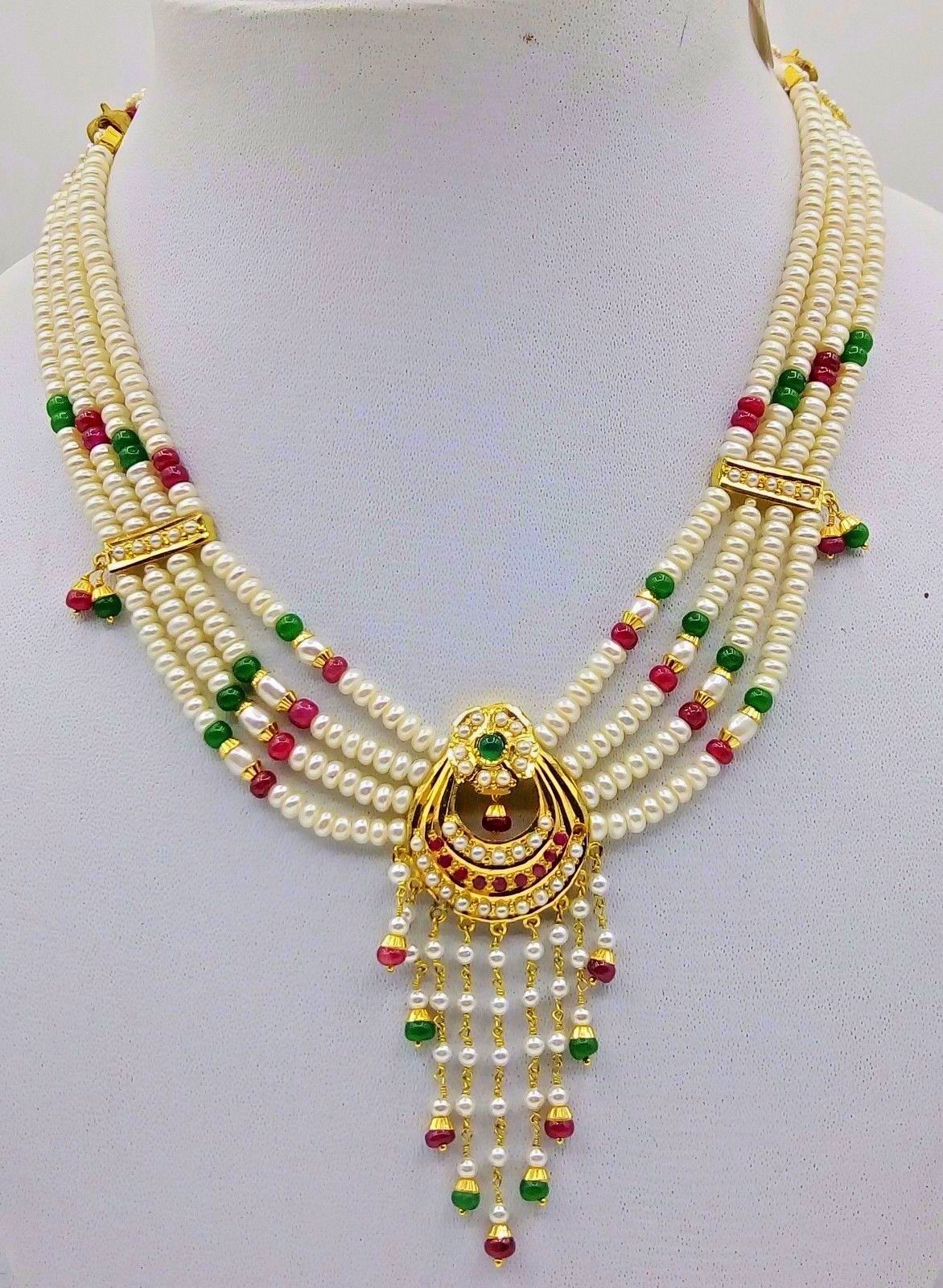 GOLD PENDANT NECKLACE SET WITH EARRING SET RUBY EMERALD BEADED PUNJABI NECKLACE