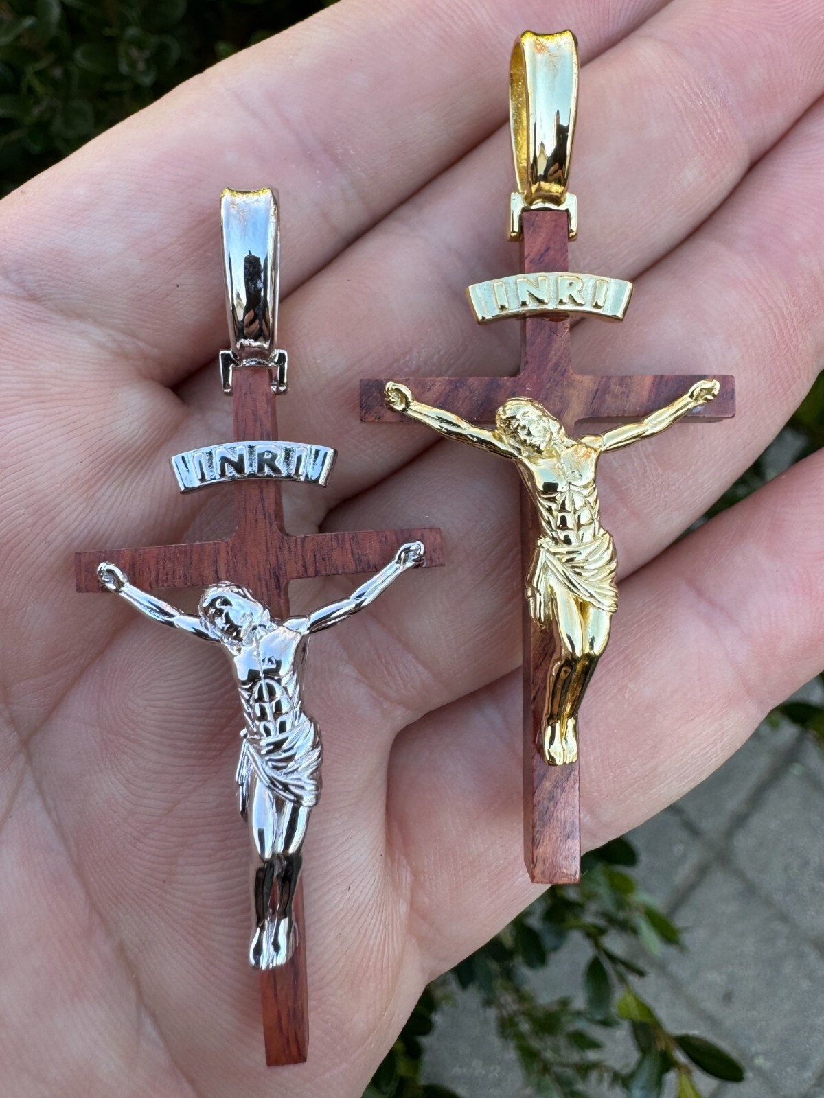 Mens Real 925 Silver & Red Cherry Walnut Wood Jesus On Cross Pendant Necklace 2″