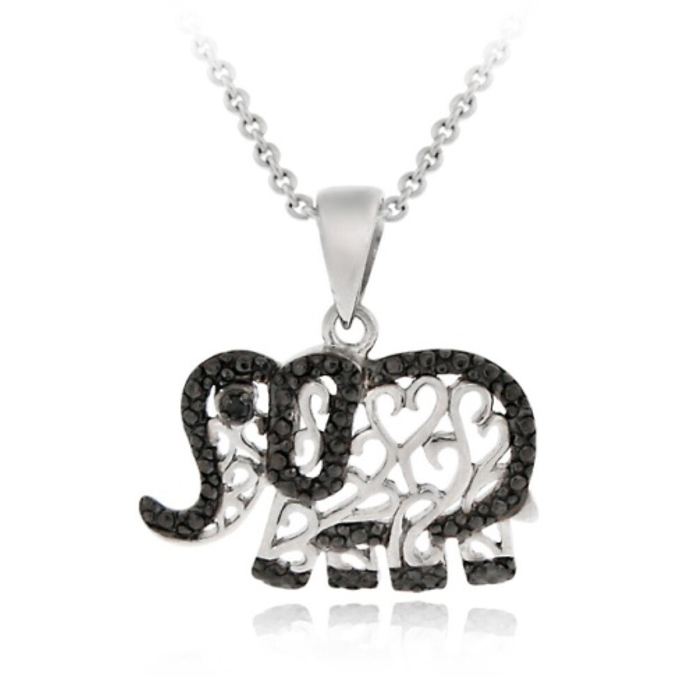 925 Silver Black Diamond Accent Elephant Necklace, 18″
