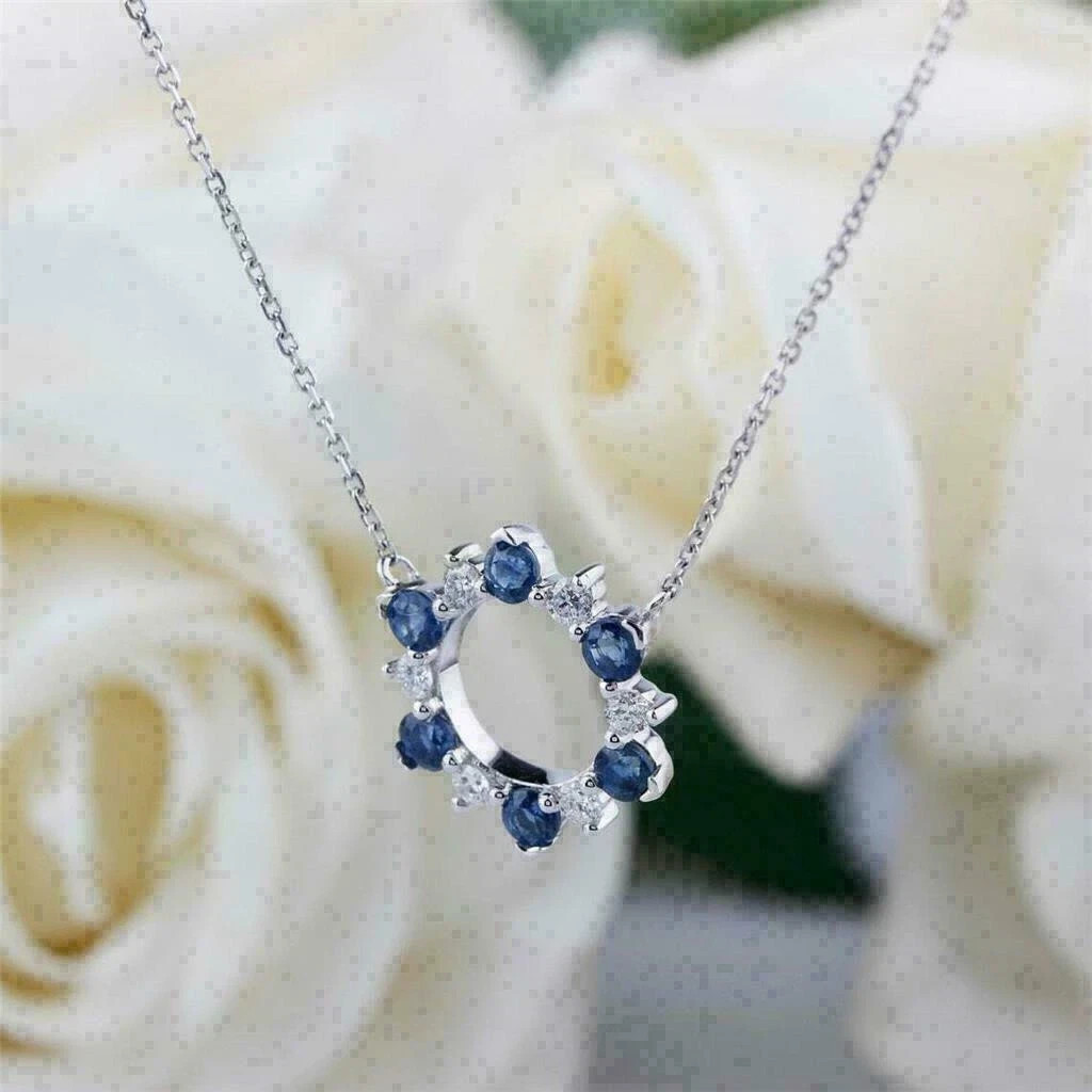 2Ct Round Cut Blue Sapphire & Diamond Pendant 14K White Gold Finish Free Chain