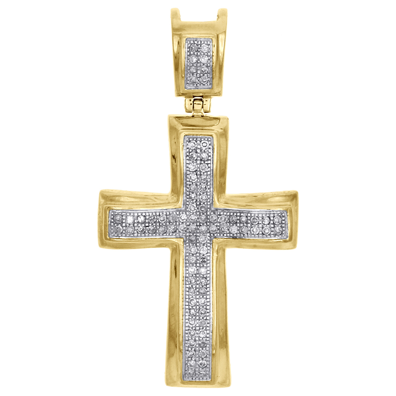 10K Yellow Gold Real Diamond Concave Cross Pendant Pave Set 1.15″ Charm 0.17 CT.