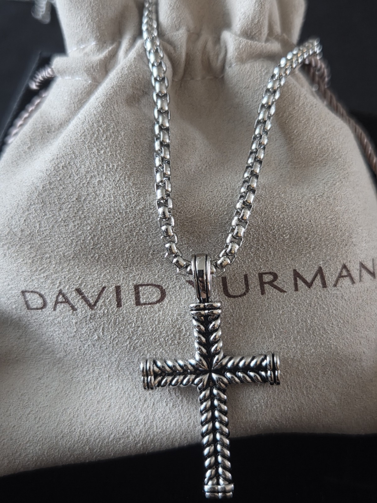 925 Silver David Yurman Chevron Cross with Pave Black Diamonds 22 inches