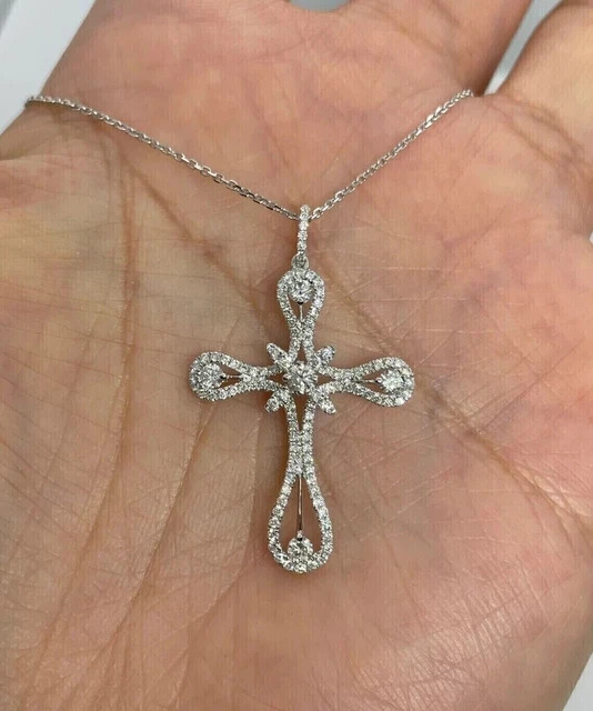 Lab Grown Diamond Women’s Cross Pendant 2ct Round Cut 14K White Gold Plated