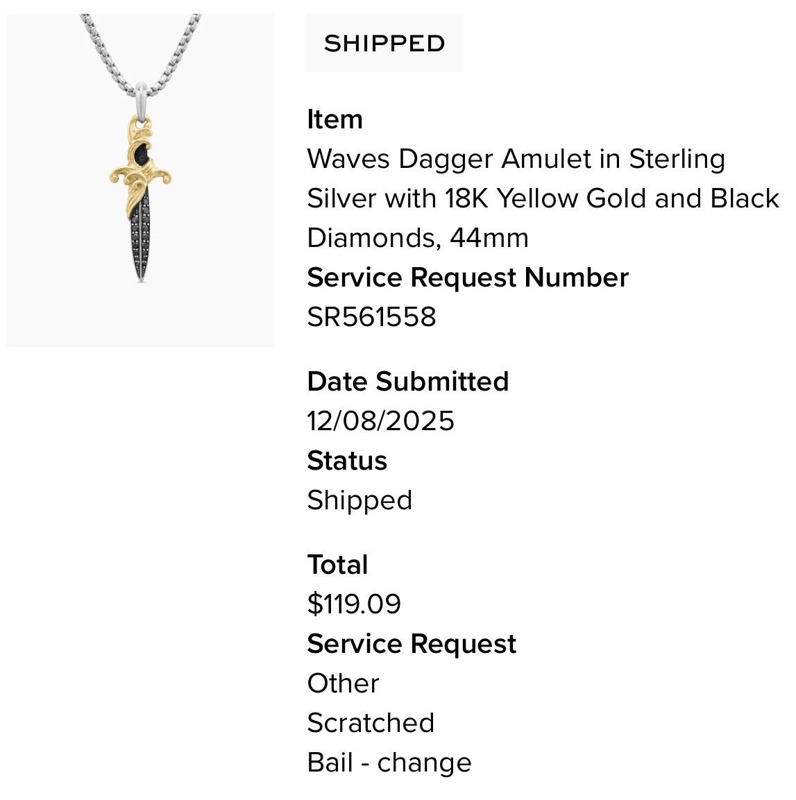 DAVID YURMAN DAGGER AMULET SterlingSilver ,18K Yellow Gold,Black Diamonds, 44mm