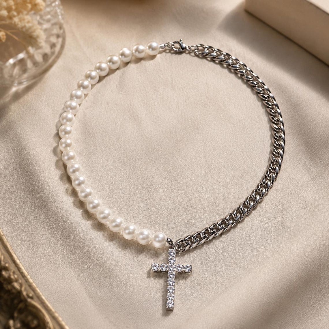 Pearl Cross Necklace for Men Women 925 Sterling Silver Cuban Link Chain Beaded