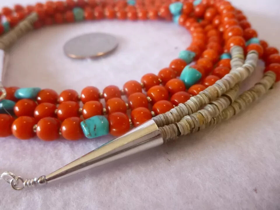 Coral/Turquoise Nuggets Native American Southwestern 925 Multi strand Necklace