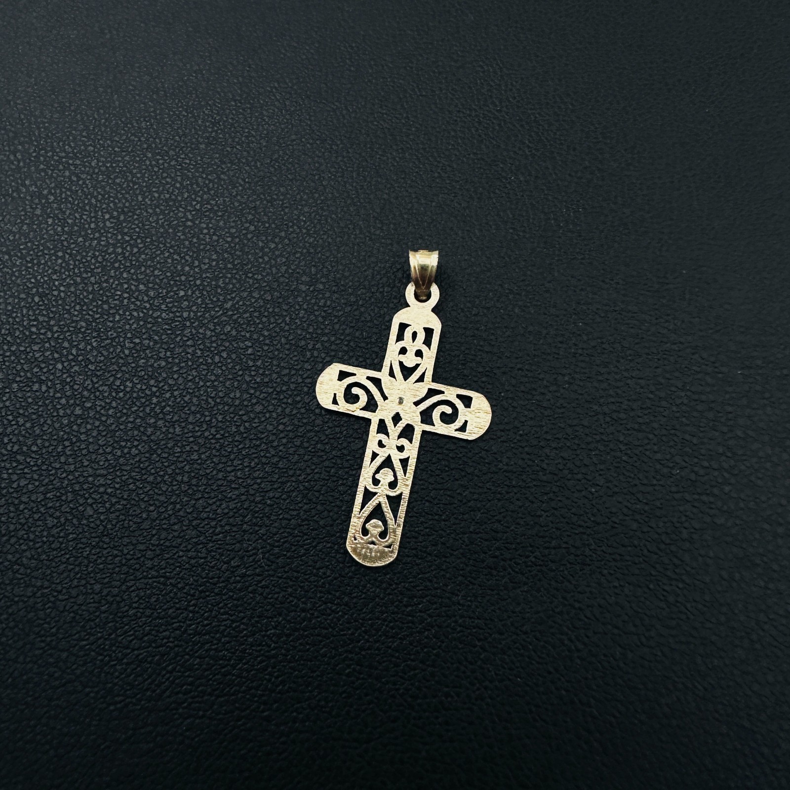 Solid 10K Multi-Tone Gold Filigree Cross Pendant w/White Sapphire Accent, 1.15″