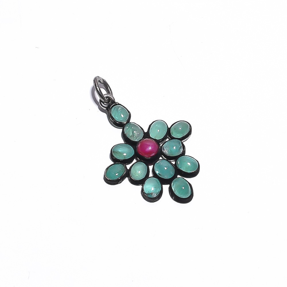 AAA Emerald Ruby Gemstone Ethnic Style 925 Sterling Silver Pendant 1.2″ P-358