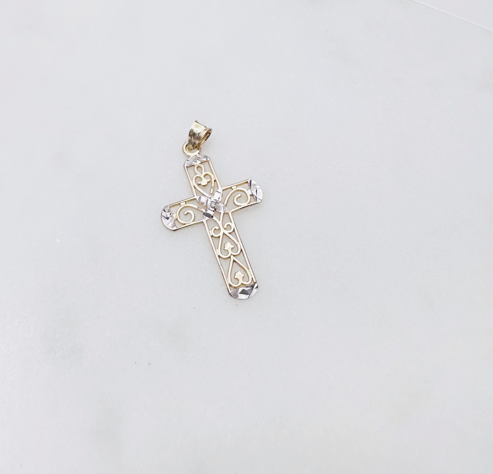 Solid 10K Multi-Tone Gold Filigree Cross Pendant w/White Sapphire Accent, 1.15″