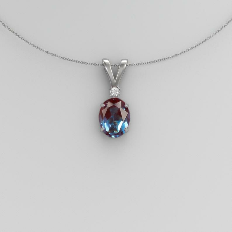 Silver Alexandrite Necklace Oval Cut June Birthstone Color Changing for Women