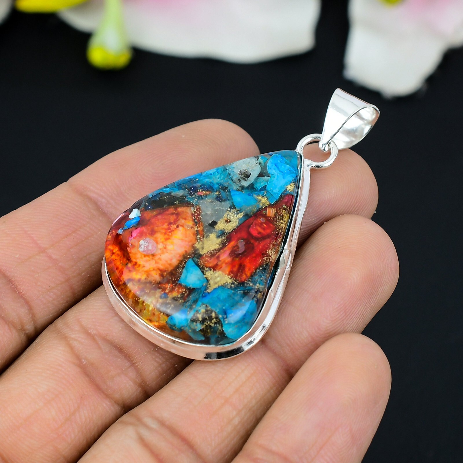 Oyster Copper Turquoise Gemstone 925 Sterling Silver Pendant Jewelry 2.3in”