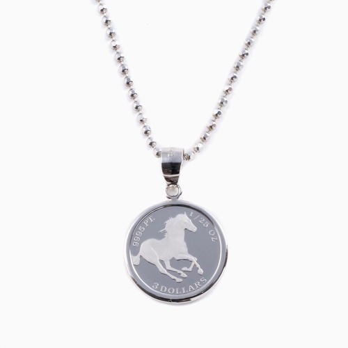 Pt999 Solid Platinum 1/25oz Tuvalu Horse Coin Pendant SV925 Cut Ball Chain 19.5″