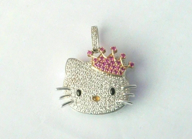 Real Moissanite 2CT Round Cut Hello Kitty Pendant 14K White Gold Plated Silver