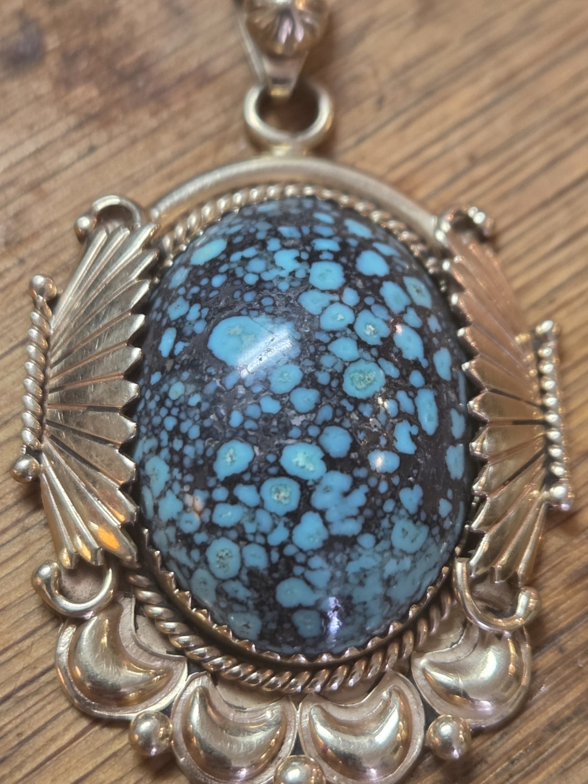 Navajo Native American Mike Begay 14k Yellow Gold Turquoise Necklace Pendant 12g