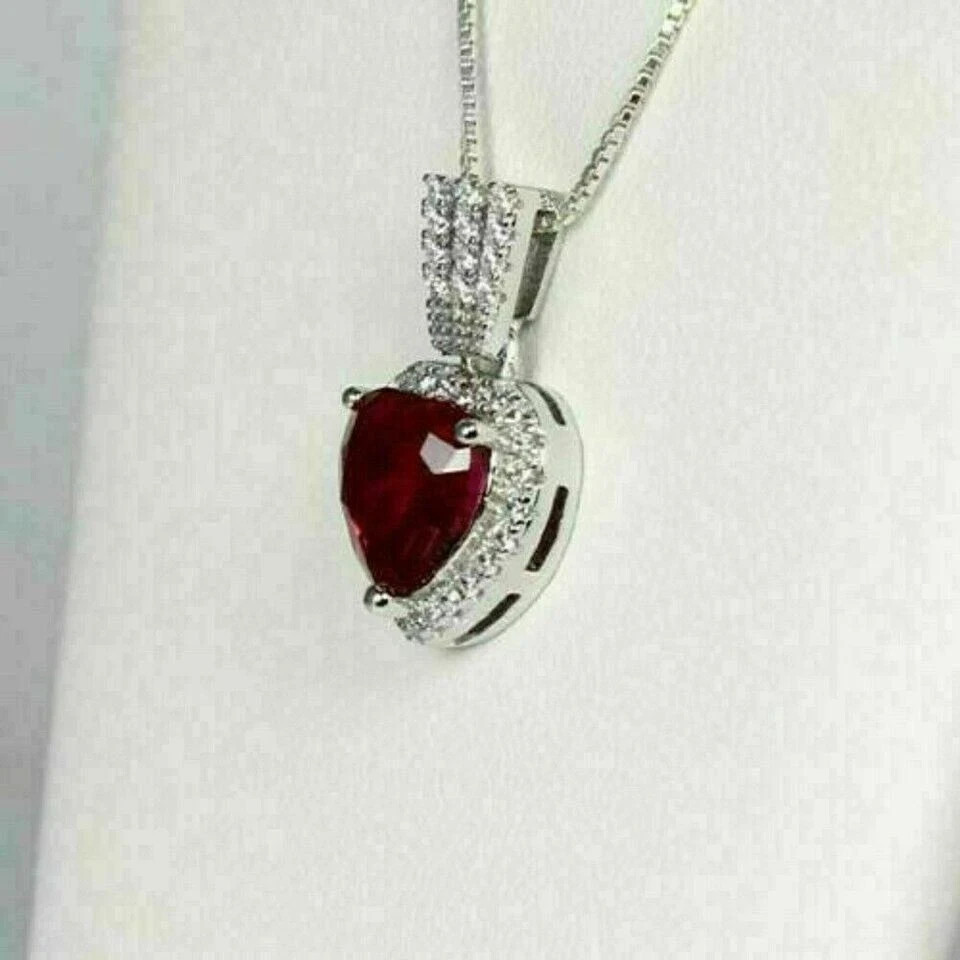 2Ct Heart Shape Red Ruby Gift For Women’s Pendant 14K White Gold Over Free Chain