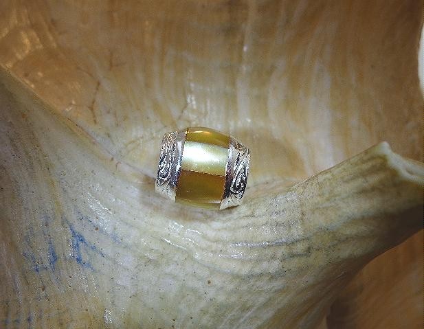 10mm 925 Silver Engraved Hawaiian Scrolls Yellow Mother of Pearl Barrel Pendant