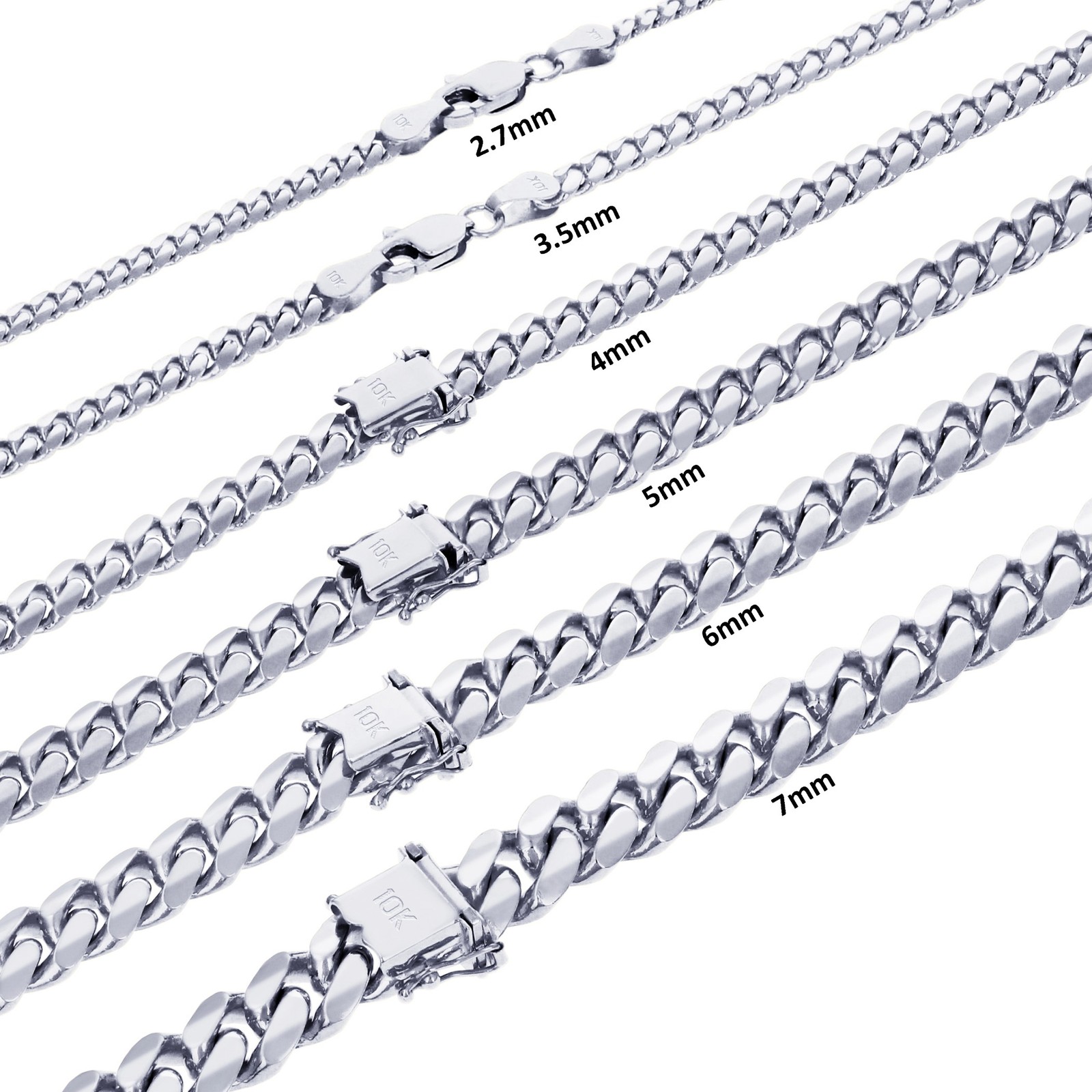 10K White Gold Solid 2.7mm-7mm Miami Cuban Chain Necklace Mens Womens 16″- 30″