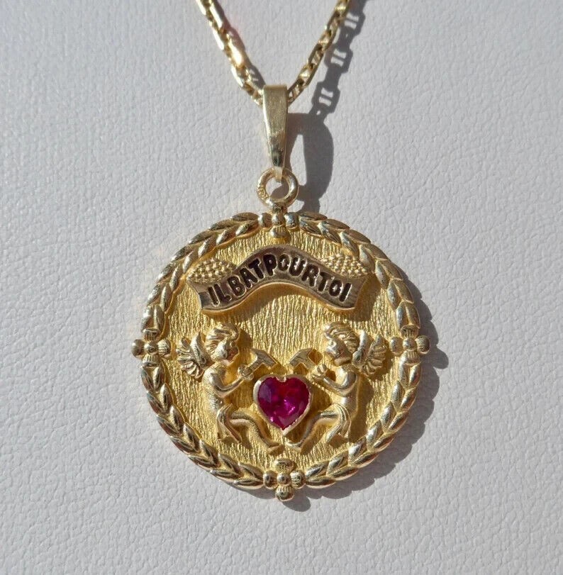Vintage 0.20Ct Lab Created Ruby AUGIS Women’s /MenPendant 14K Yellow Gold Finish