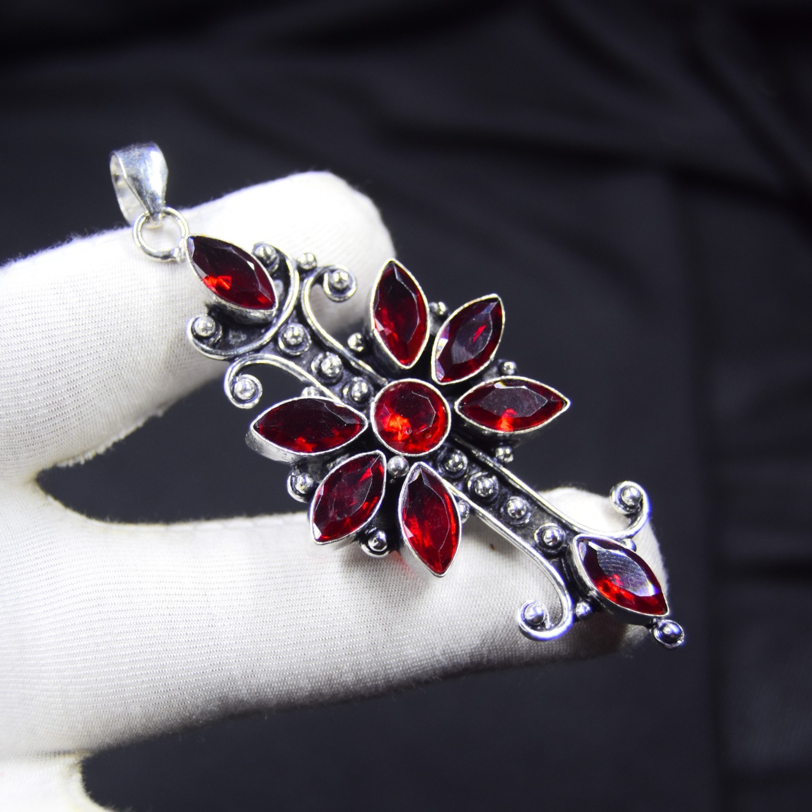 Red Garnet Gemstone Gothic Style Pendant 925 Sterling Silver Jewelry Necklace