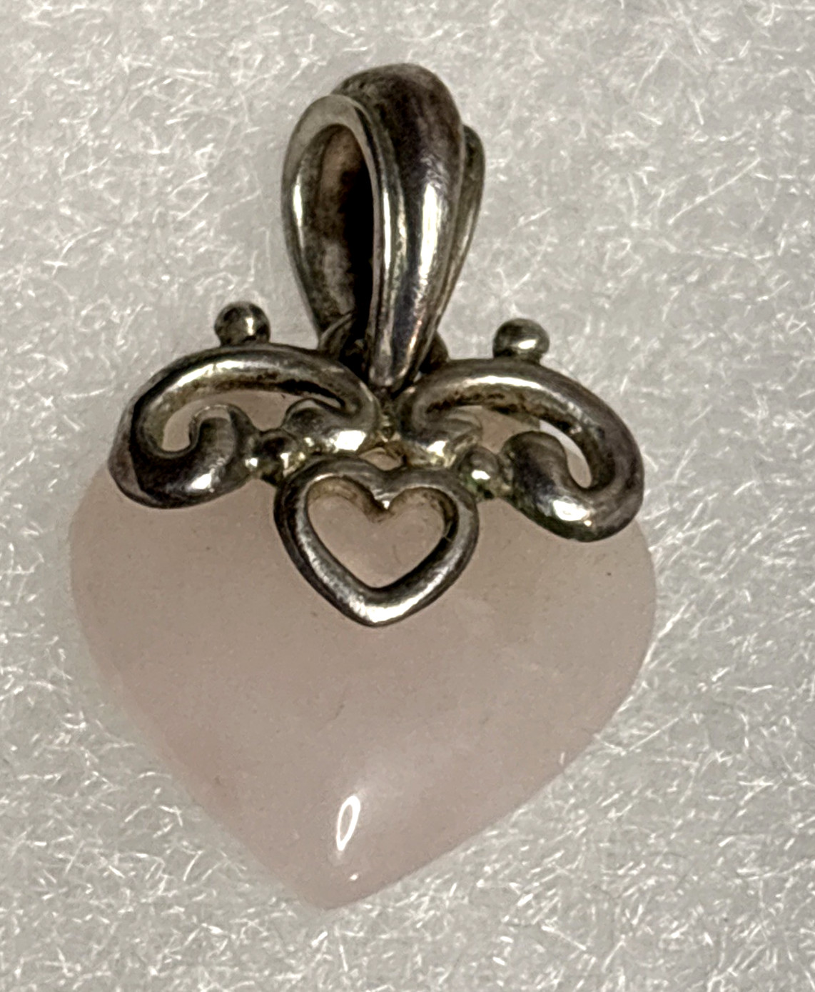 Rose Quartz Heart Pendant 5/8 in Silver Filigree Design 925