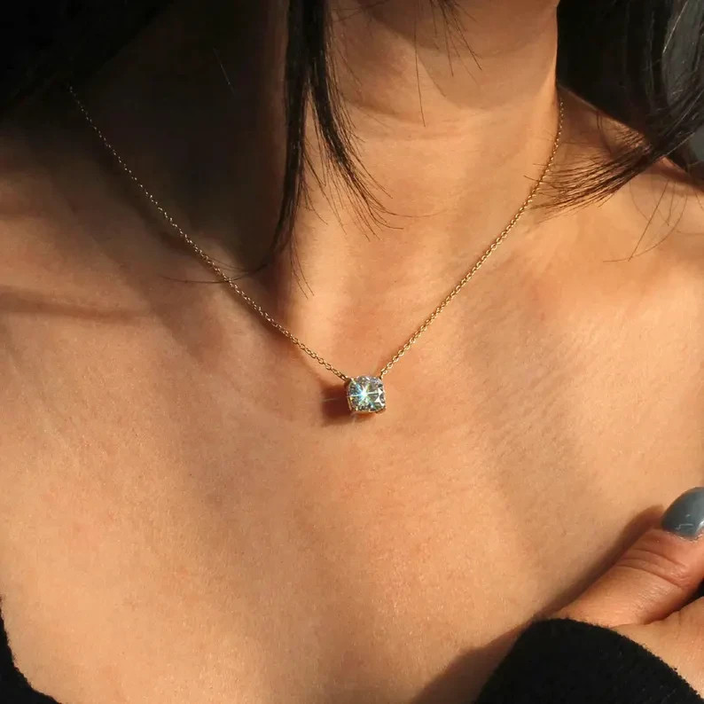3Ct Round Cut Solitaire Moissanite Necklace 14k Gold Plated Gift for Her 18 Inch