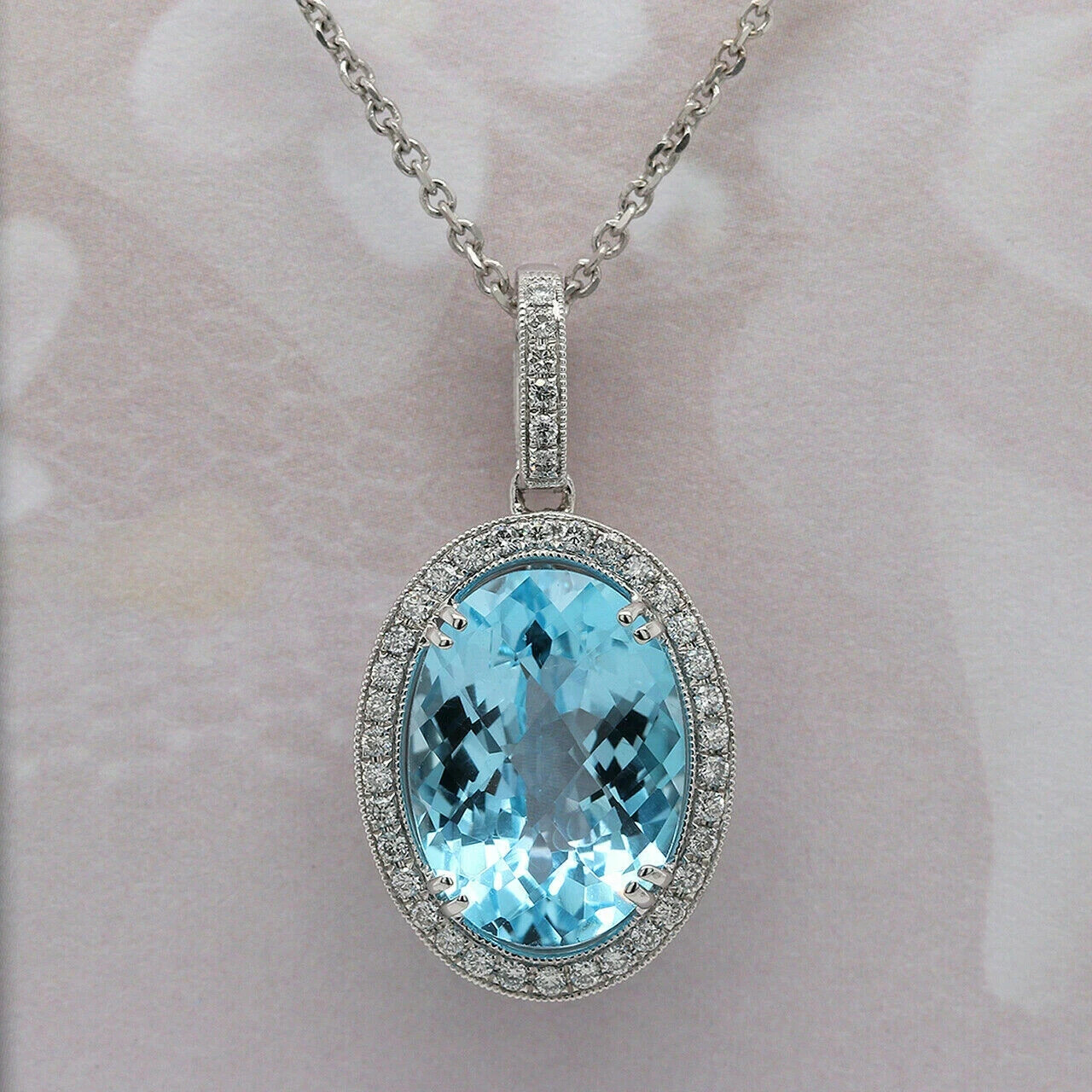 3.50Ct Oval Cut Aquamarine Women’s Halo Pendant 14K White Gold Finish Free Chain