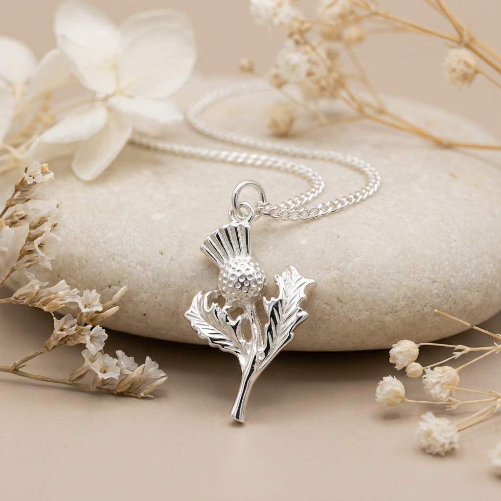 Sterling Silver Thistle Pendant with 18″ Silver Chain & Gift Box
