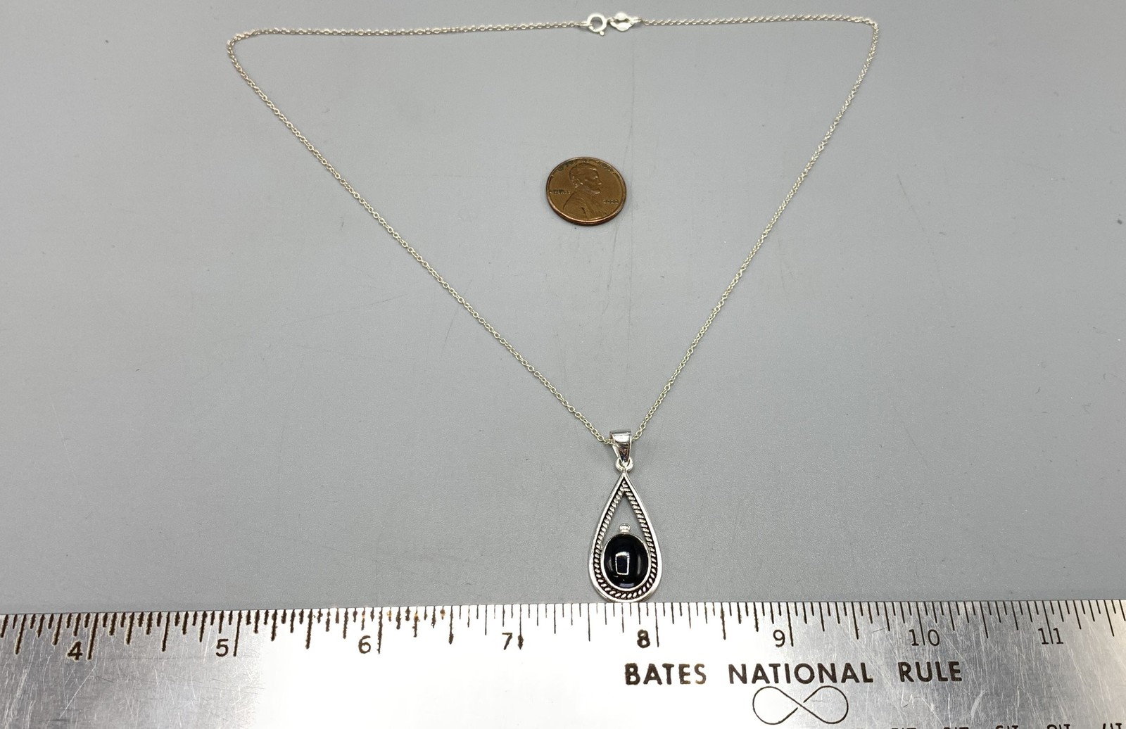 Sterling Silver, Onyx Stone Tear Drop Pendant Necklace