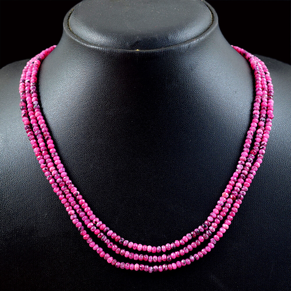 125.00 Cts Earth Mined 3 Strand Pink Onyx Round Cut Beads Necklace NK 17E114