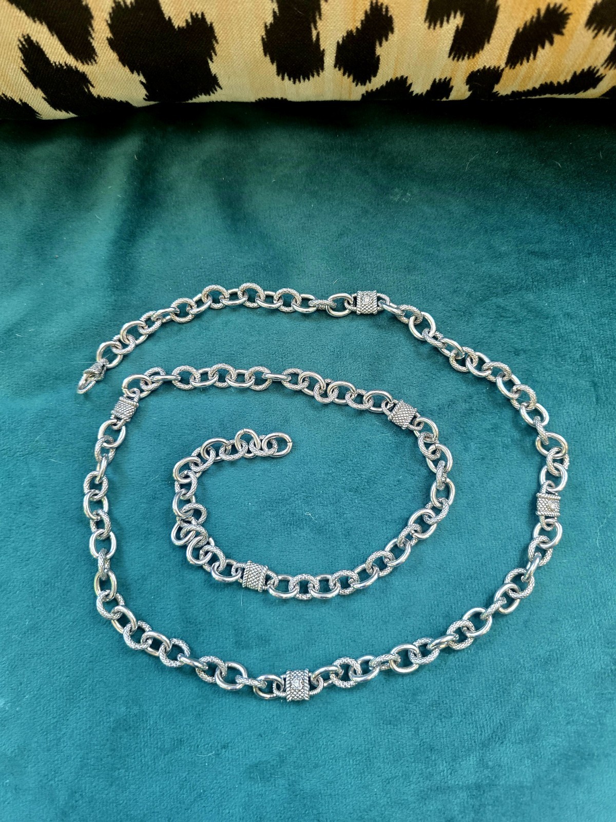 JUDITH RIPKA SS 925 Textured Rolo Chain Necklace W Diamonique Accents 36in-Heavy