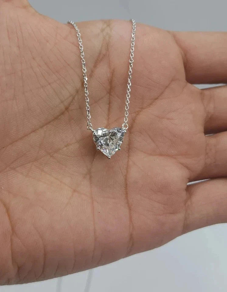 6 Ct Heart Cut Lab Grown Diamond Five Prong Necklaces & Pendants 14K White Gold
