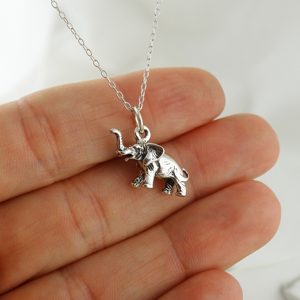 3D Elephant Charm Necklace -925 Sterling Silver-Zoo Safari 3-Dimensional Pendant