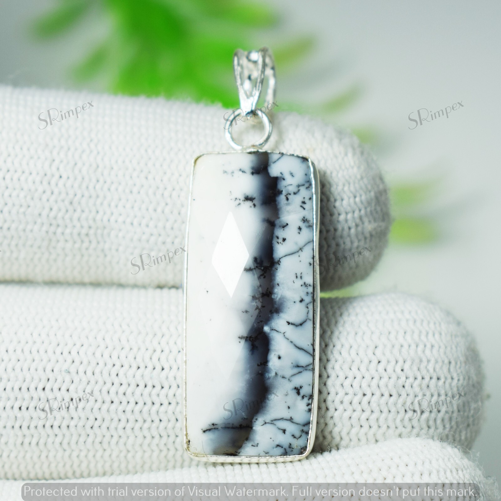 Dendrite Opal Pendant 925 Sterling Silver Cut Gemstone Pendant 30X13 mm 3 gram