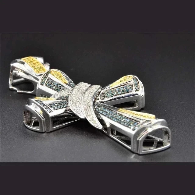 Men’s 2Ct Blue & Yellow Lab Created Diamond 14K White Gold Plated Cross Pendant