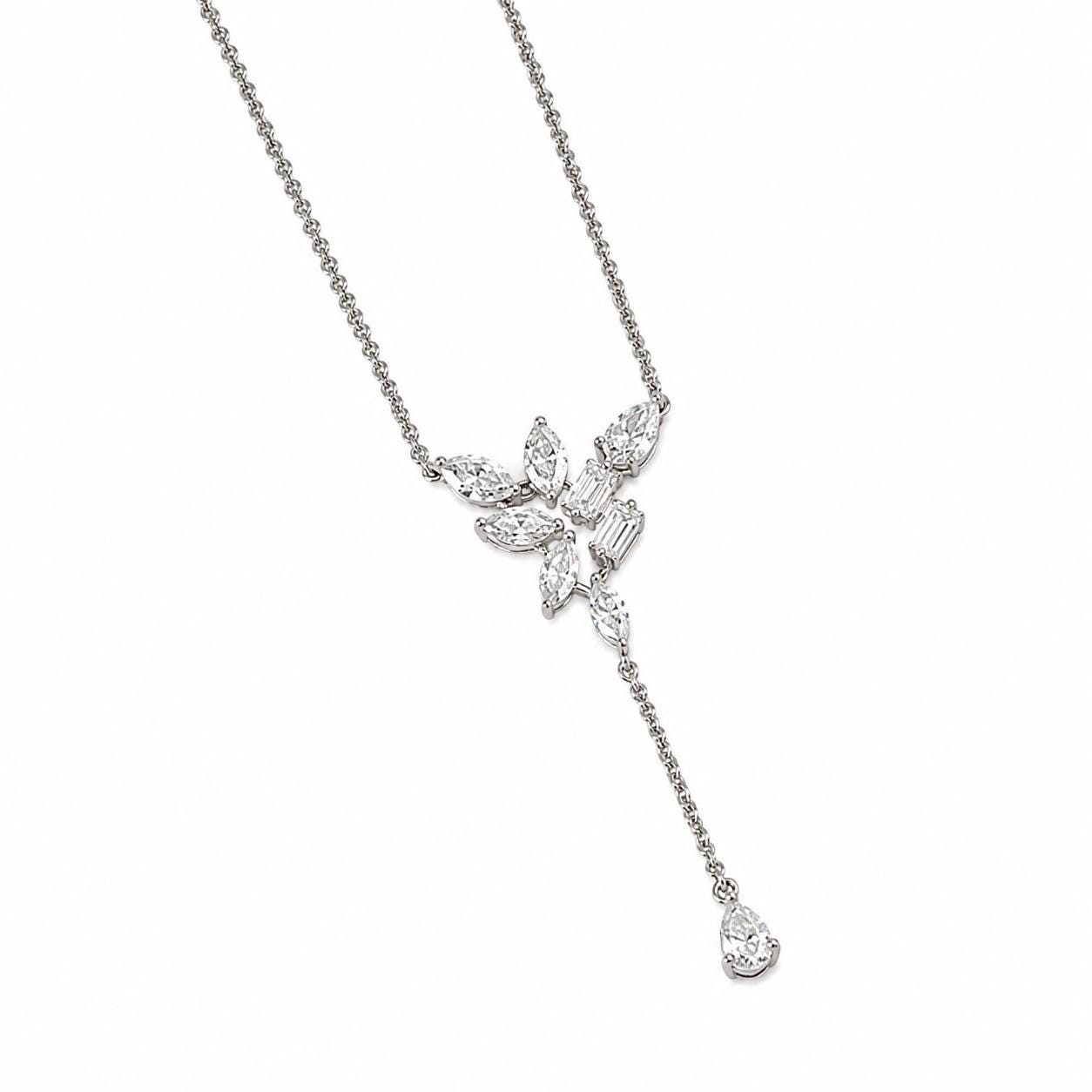 0.16 ct Natural Baguette Y Necklace 14K Gold 14K Solid Gold Floral Cluster