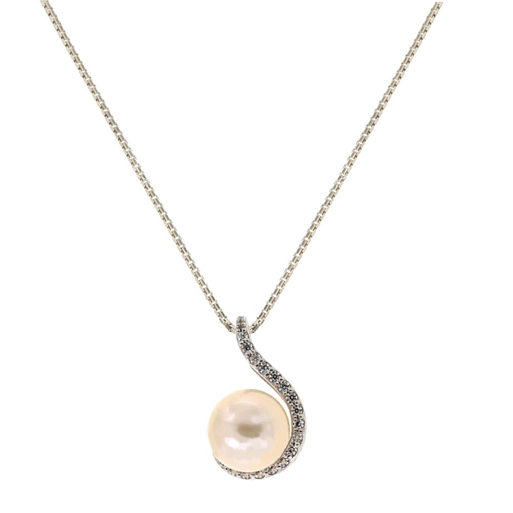 18Kt 750/1000 White Gold Necklace With Pearl And White Zirconia