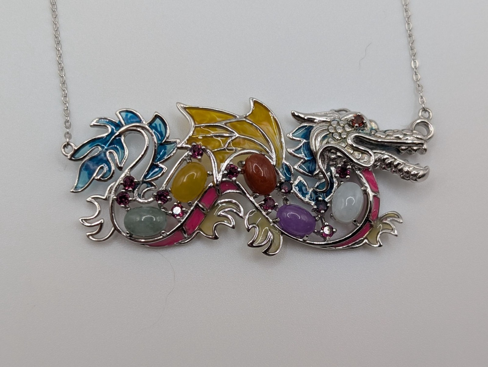 Jade of Yesteryear Sterling Silver Dragon Necklace Genuine Jade & Coloured Epoxy