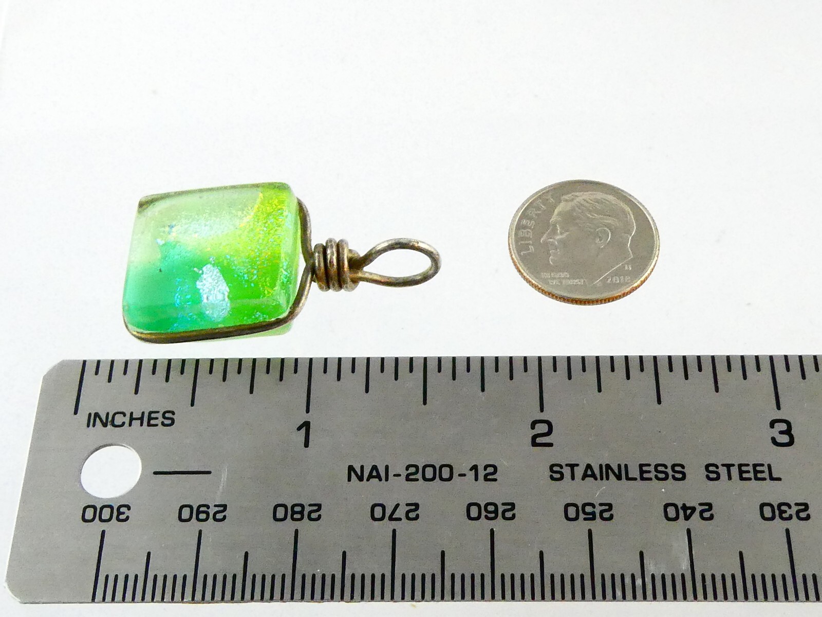 Unmarked Sterling Silver Green Dichroic Glass Wire Wrapped Pendant 8.8g 1 3/8 In